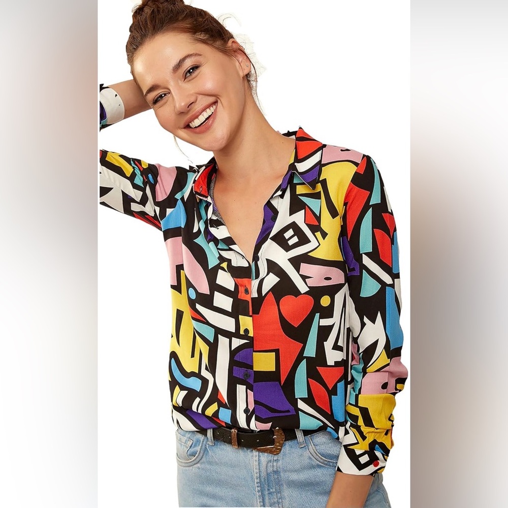 Colorful Long Sleeve Button Down Blouse